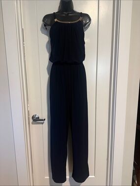 Emma & Michele Navy Halter Wide-Leg Jumpsuit with Gold Trim